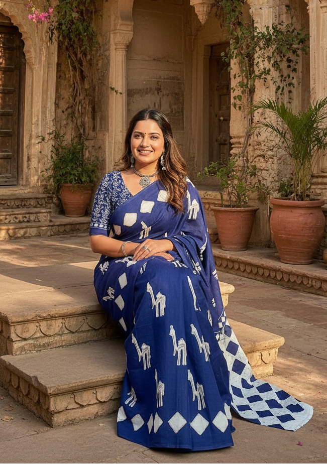 Soft Pure Cotton Printed Saree With Unstitched Blouse(Blue)