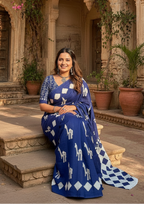 Soft Pure Cotton Printed Saree With Unstitched Blouse(Blue)