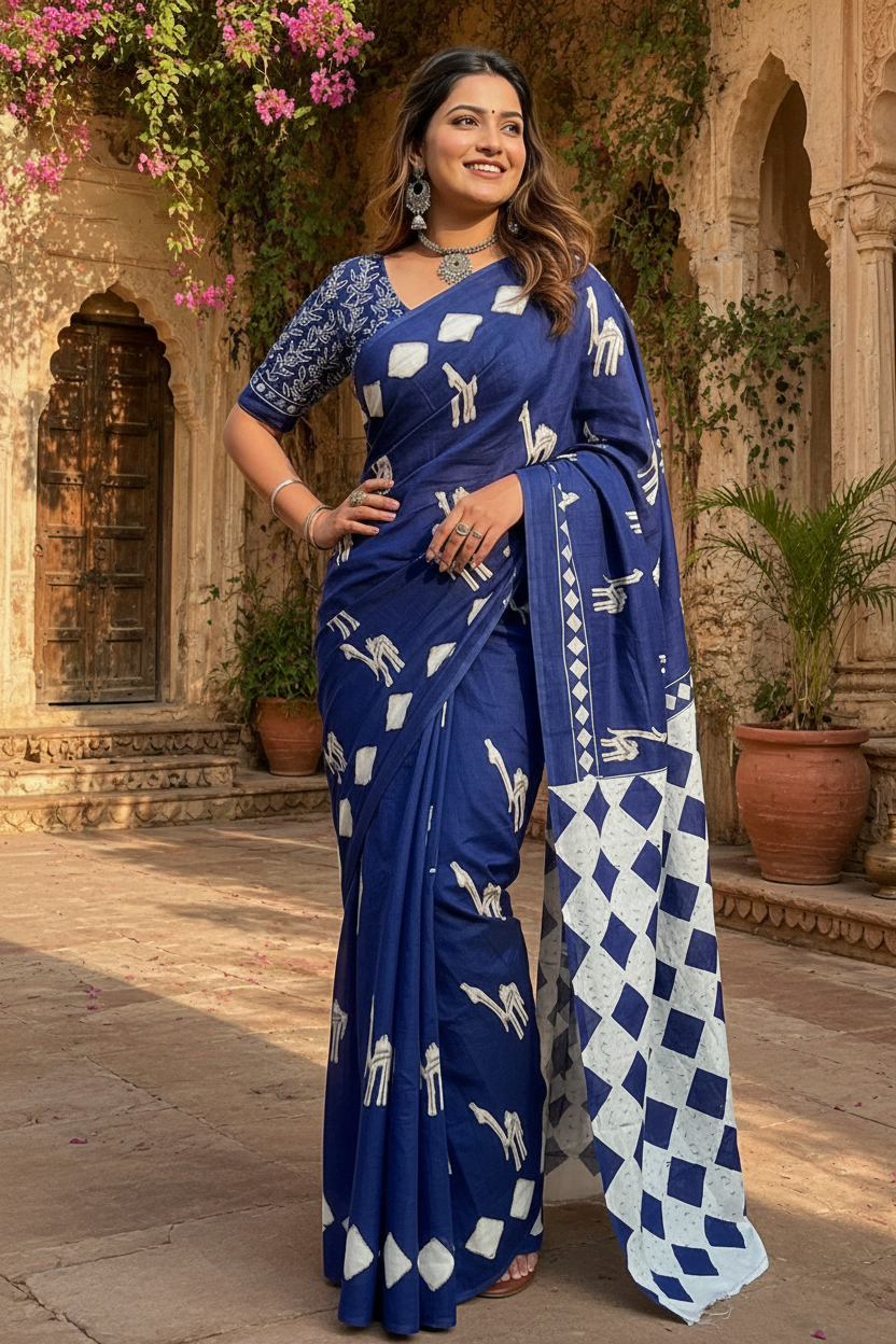 Soft Pure Cotton Printed Saree With Unstitched Blouse(Blue)