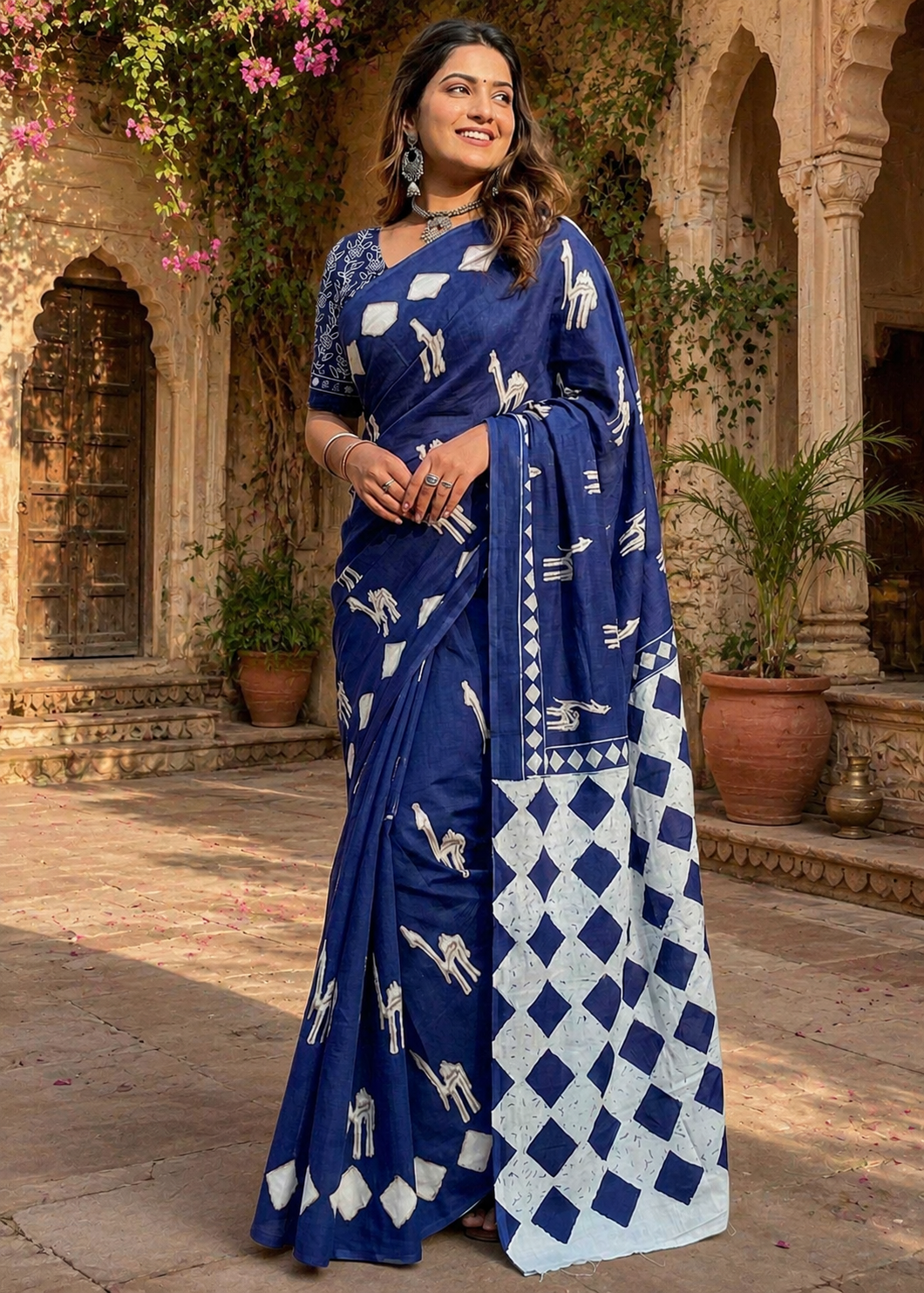 Soft Pure Cotton Printed Saree With Unstitched Blouse(Blue)