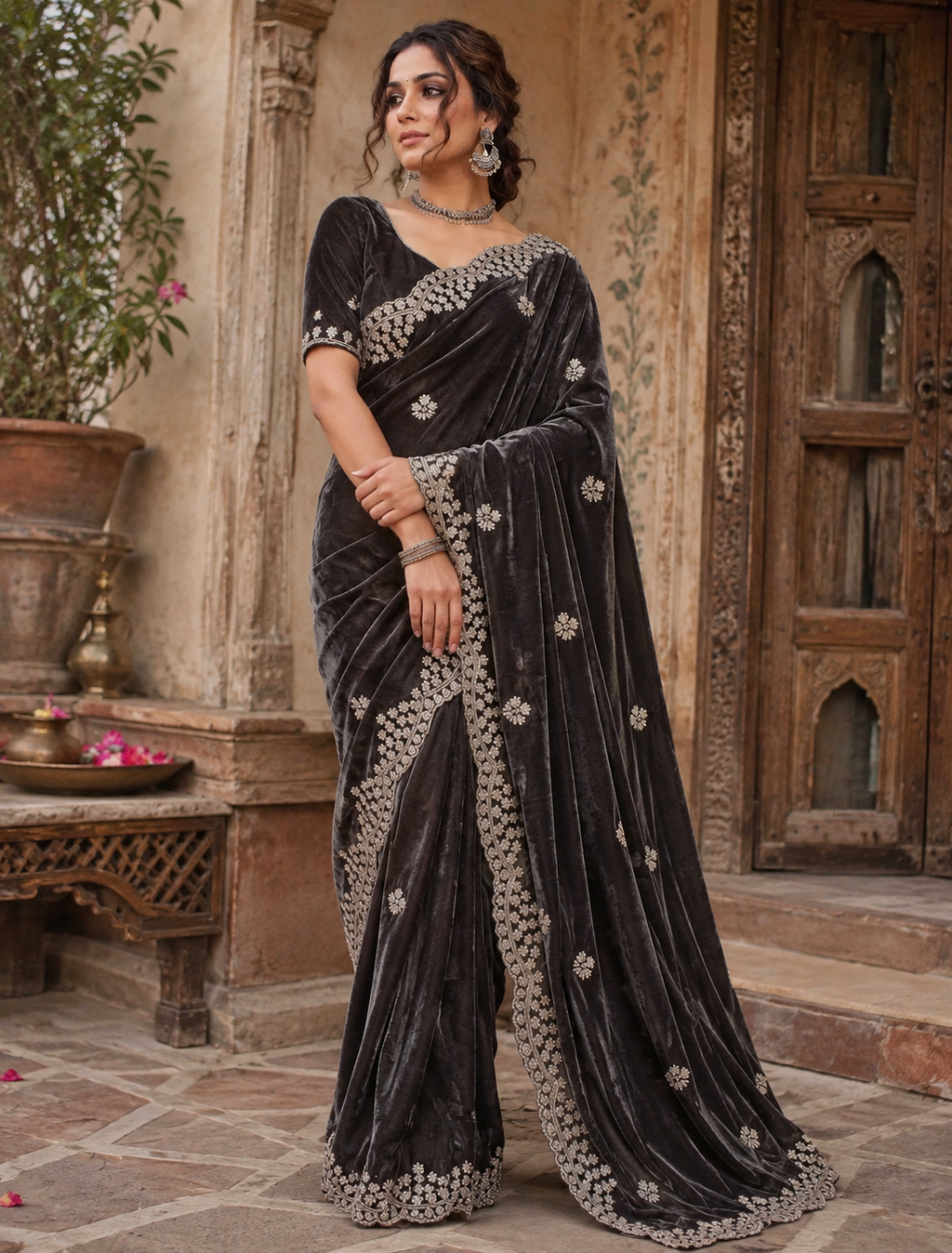 Space Silk Sequins Work Saree With Unstitched Blouse(Blue)