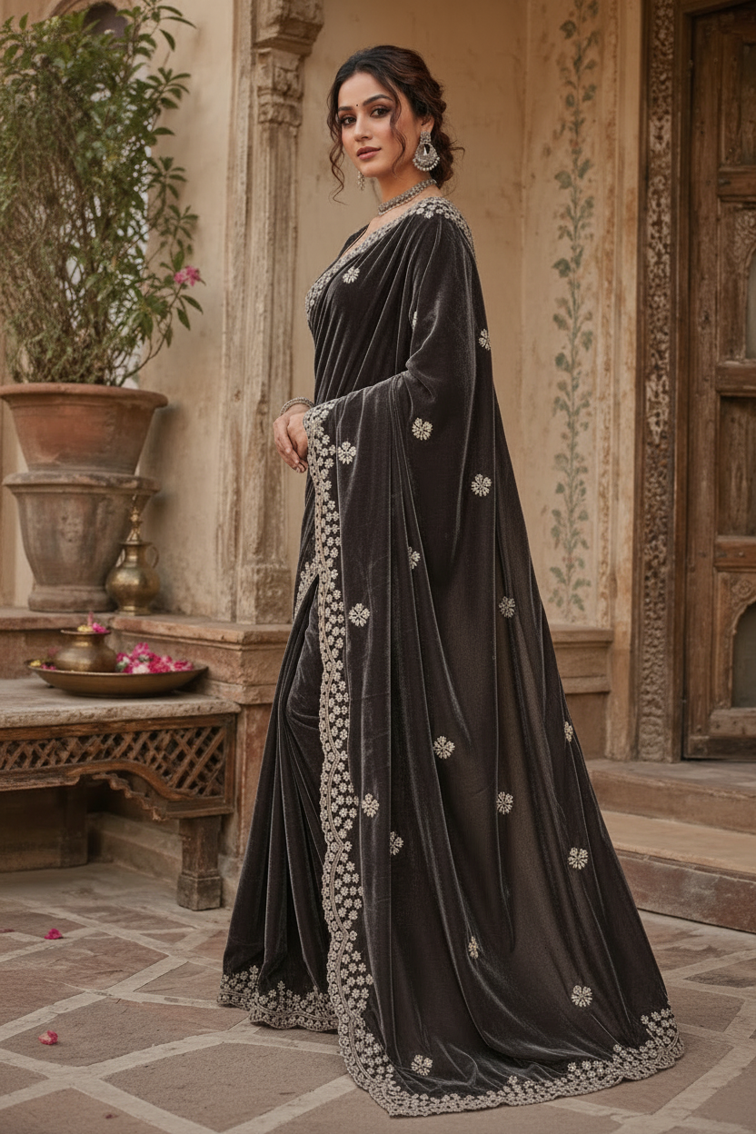 Space Silk Sequins Work Saree With Unstitched Blouse(Blue)