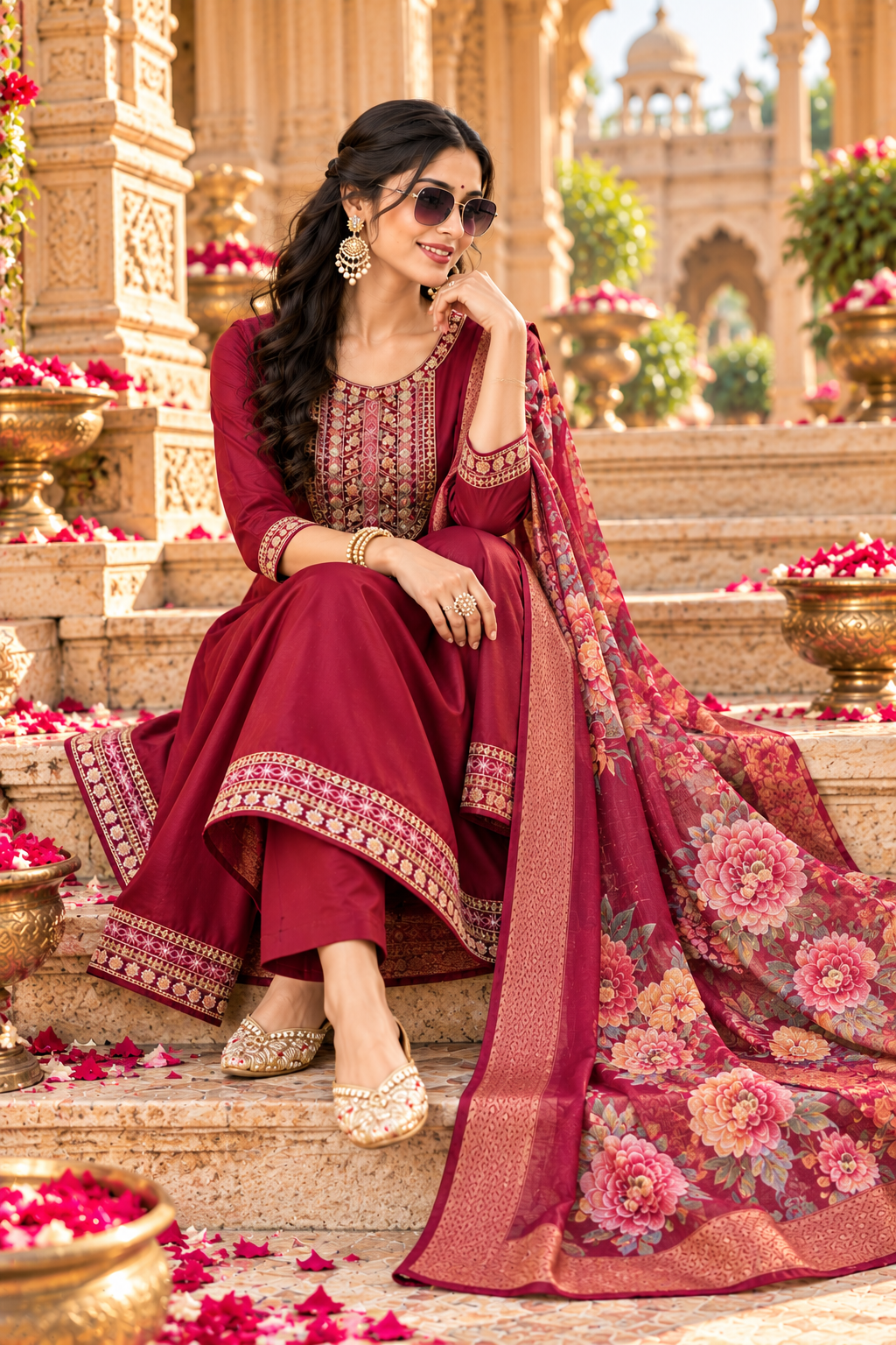Cotton Embroidery Work Kurti Pant Set With Dupatta(Maroon)