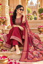Cotton Embroidery Work Kurti Pant Set With Dupatta(Maroon)