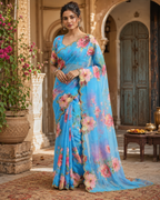 Georgette Floral Print Saree With Unstitched Blouse(Blue)