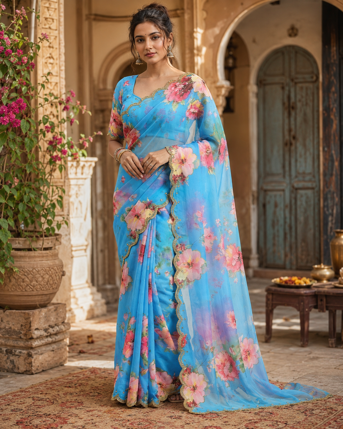 Georgette Floral Print Saree With Unstitched Blouse(Blue)