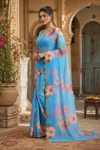 Georgette Floral Print Saree With Unstitched Blouse(Blue)