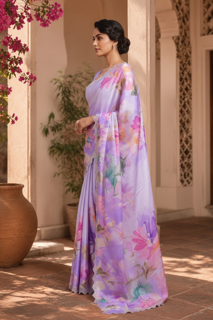 Pure Maheshwari Silk Diamond Cut Work With Unstitched Blouse(Lavender)