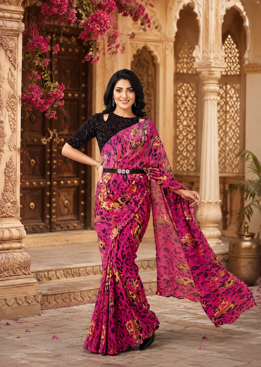 Satin Silk Floral Printed Saree With Unstitched Blouse(Pink)