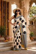 Satin Silk Printed Saree With Unstitched Blouse(Cream)