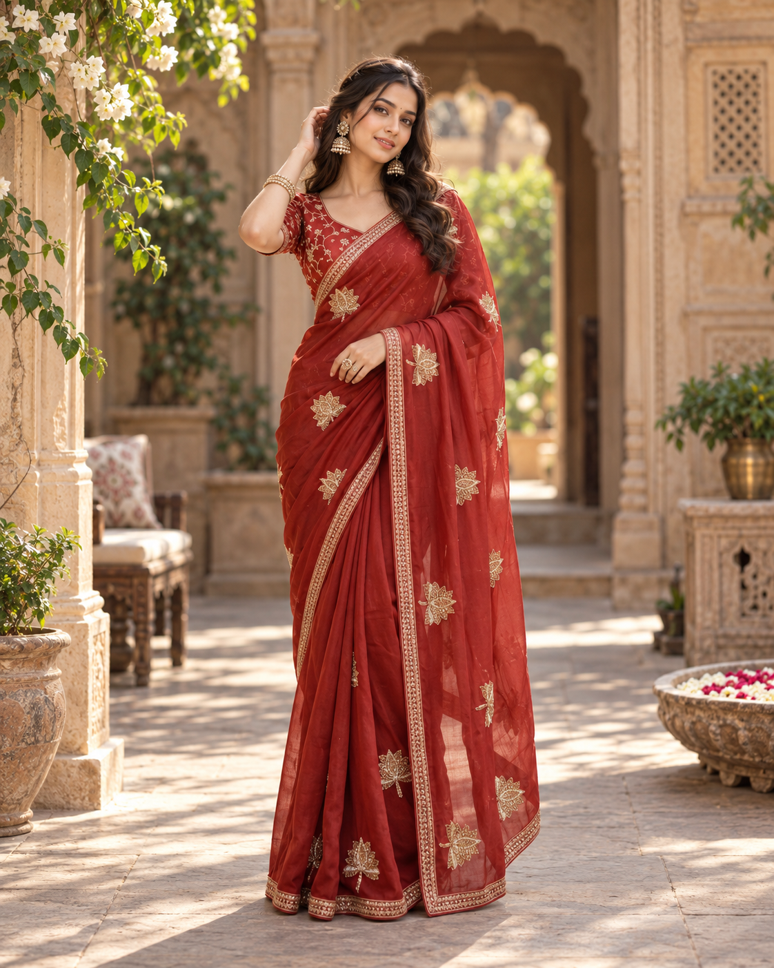 Crunch Silk Sequins Work Saree With Unstitched Blouse(Red)