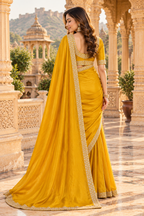 Pure Space Silk Diamond Zarkhan Work Saree With Unstitched Blouse(Yellow)