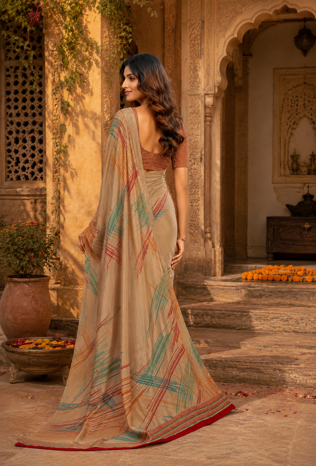 Crepe Silk Party Wear Saree With Unstitched Blouse(Beige)