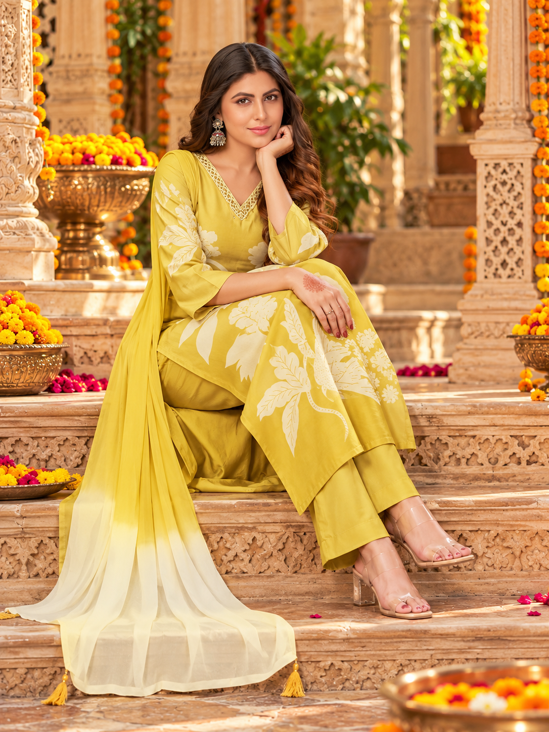 Chanderi Cotton Kurti Pant Set With Dupatta(Mustard)