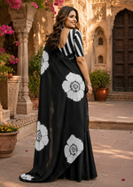 Load image into Gallery viewer, Cotton Block Flower Print Saree With Unstitched Blouse(Black)
