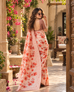 Pure Tussar Silk Floral Print Cutwork Saree With Unstitched Blouse(Beige)