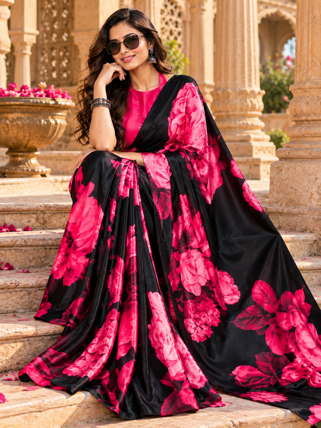 Satin Silk Floral Print Saree With Unstitched Blouse(Pink)