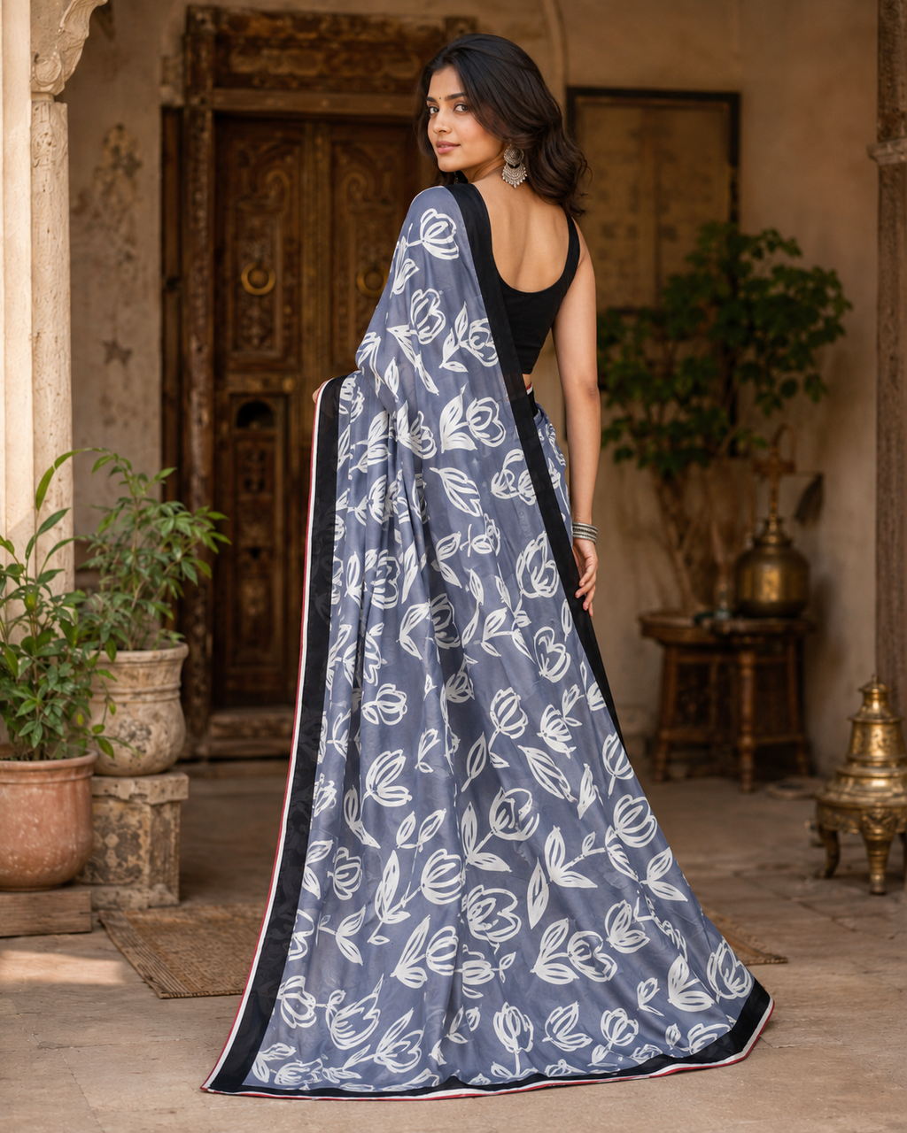 Satin Silk Printed Saree With Unstitched Blouse(Grey)