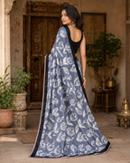 Satin Silk Printed Saree With Unstitched Blouse(Grey)