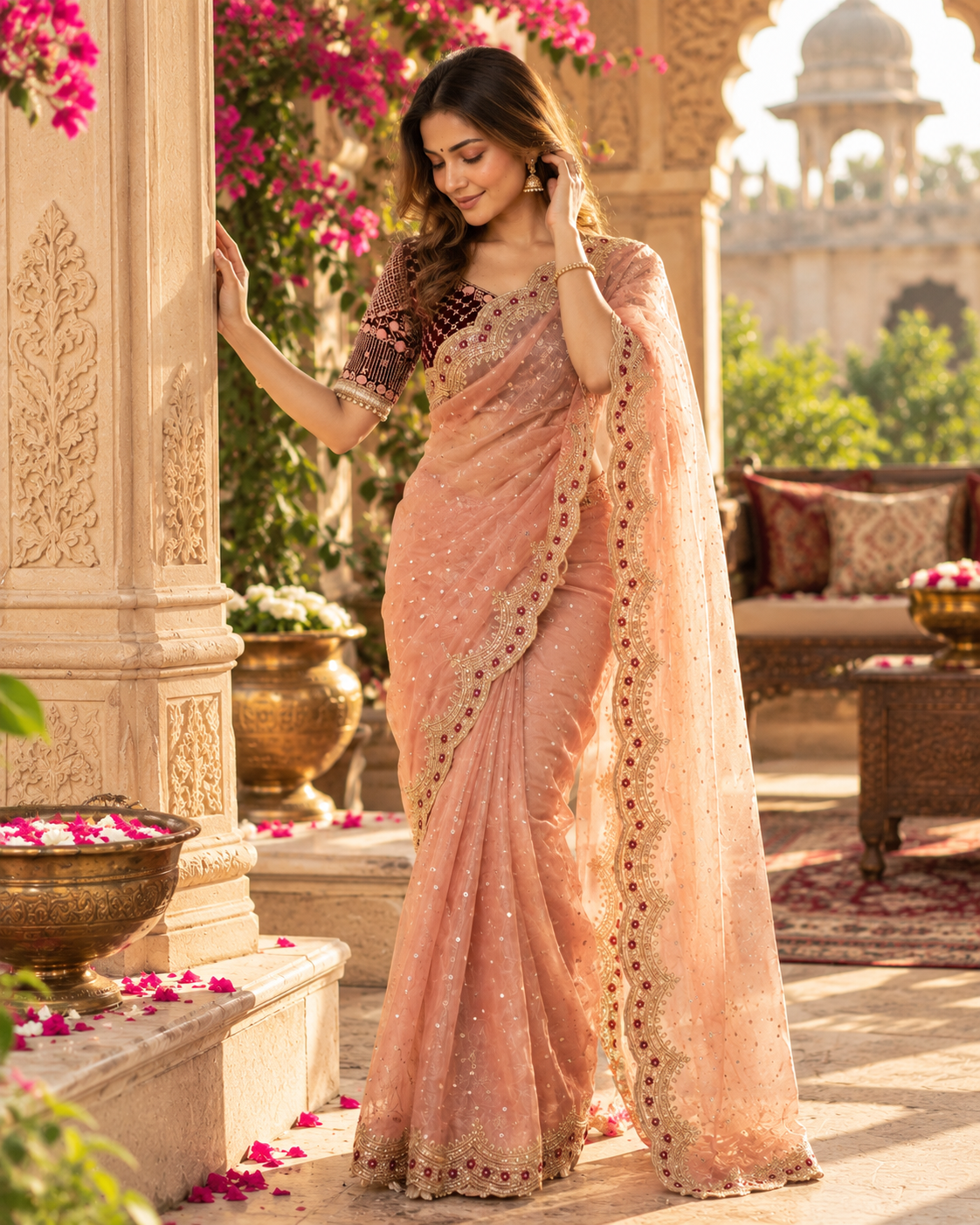 Zari Silk Sequins Work Saree With Unstitched Blouse(Peach)