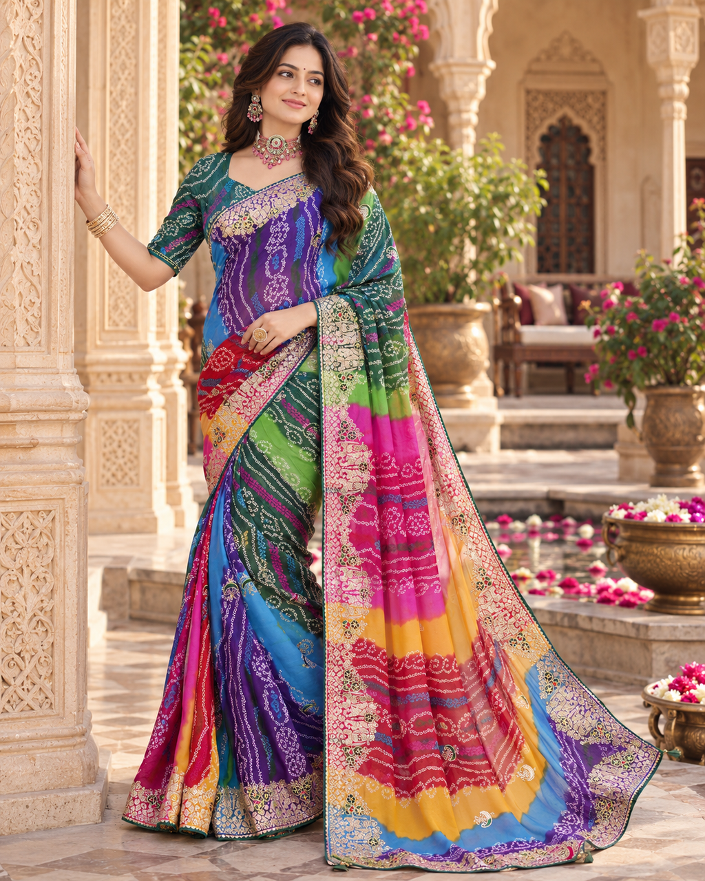 Pure Bandhani Bhej Print Gotta Patti Work Silk Saree With Unstitched Blouse(Morpich)