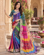 Pure Bandhani Bhej Print Gotta Patti Work Silk Saree With Unstitched Blouse(Morpich)