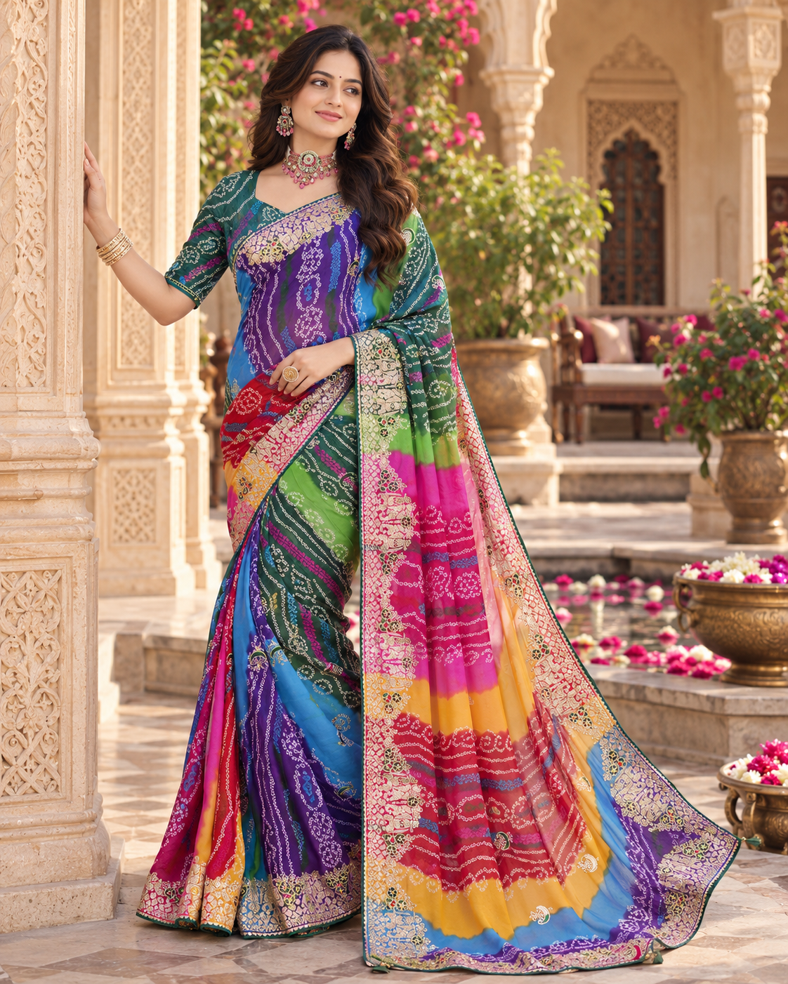 Pure Bandhani Bhej Print Gotta Patti Work Silk Saree With Unstitched Blouse(Morpich)