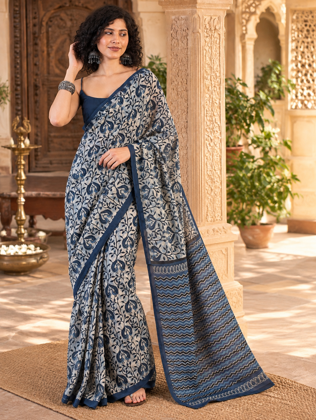 Cotton Printed Saree With Unstitched Blouse(Blue)