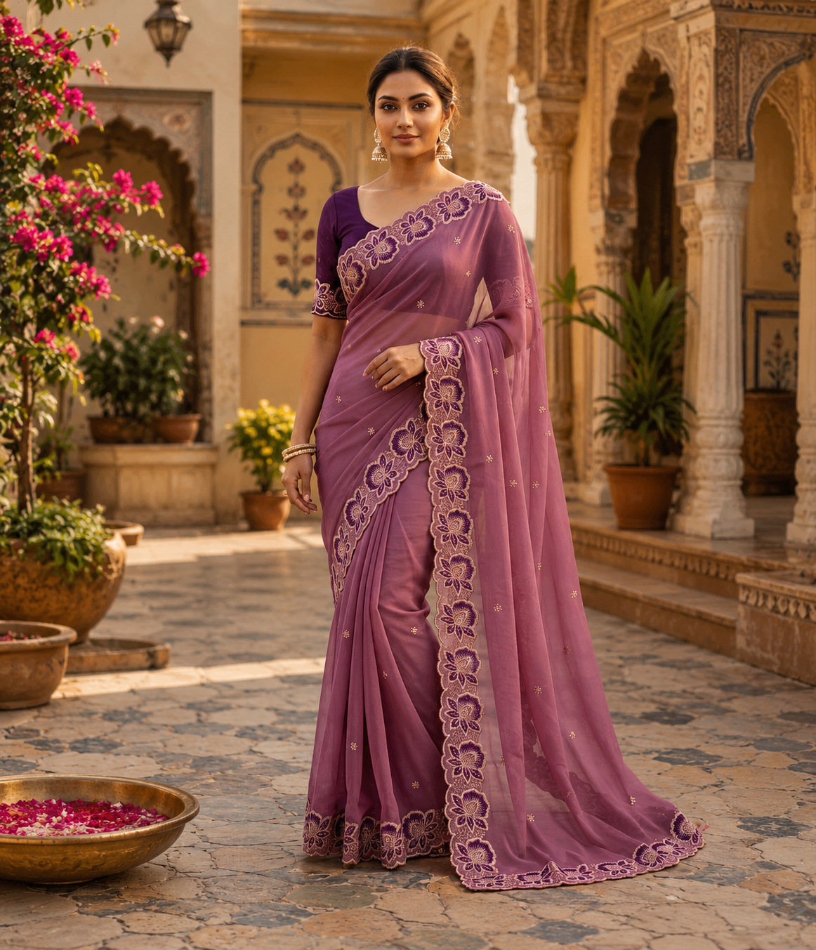 Georgette Multi Embroidery Work Saree With Unstitched Blouse(Wine)