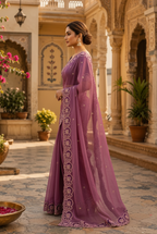 Georgette Multi Embroidery Work Saree With Unstitched Blouse(Wine)