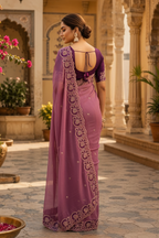 Georgette Multi Embroidery Work Saree With Unstitched Blouse(Wine)