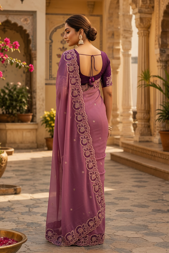 Georgette Multi Embroidery Work Saree With Unstitched Blouse(Wine)