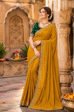 Load image into Gallery viewer, Georgette Border Embroidery Work Designer Saree With Unstitched Blouse(Mustard)
