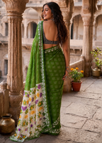 Pure Cotton Bagru Block Printed Saree With Unstitched Blouse(Green)