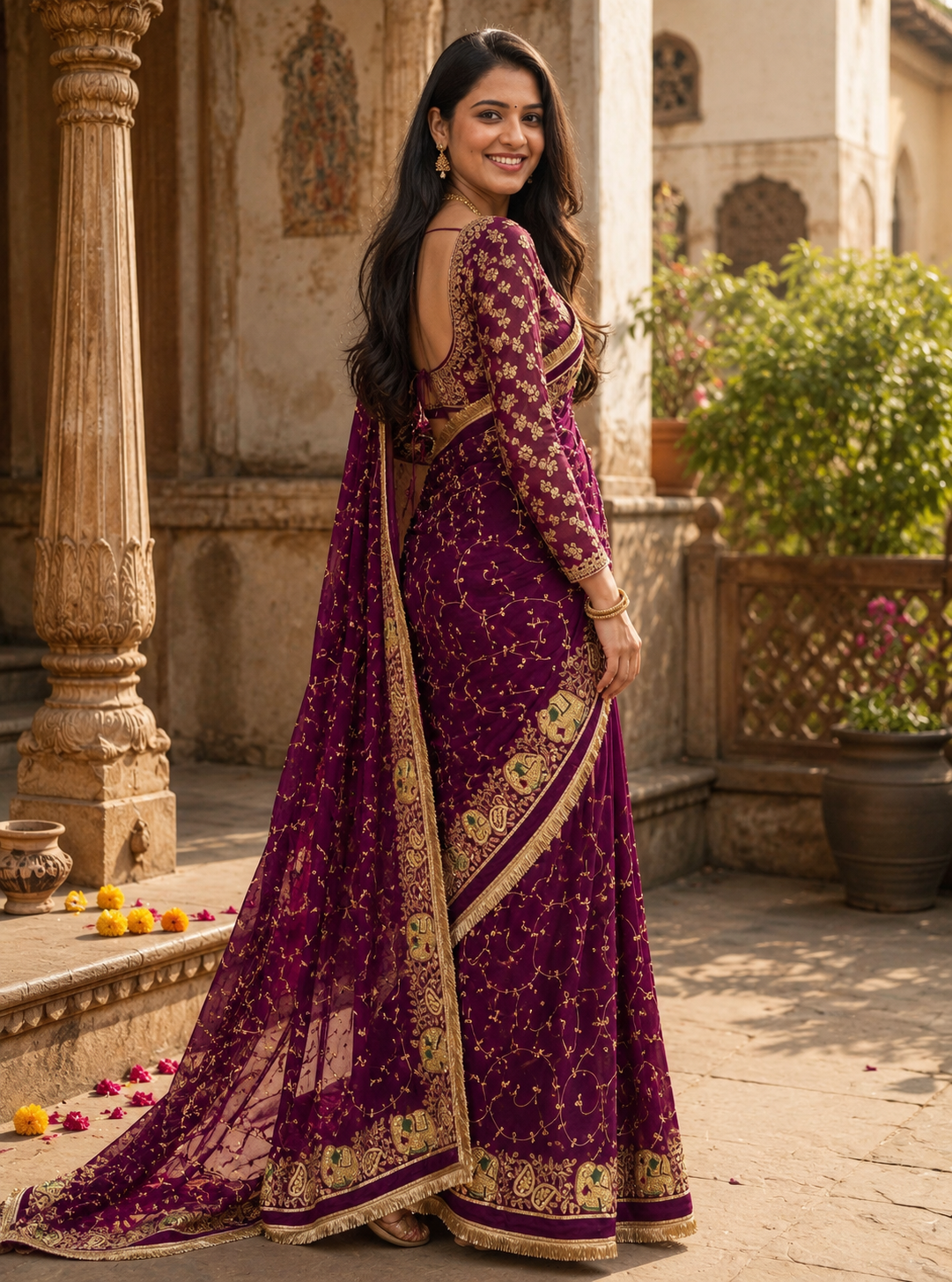 Georgette Sequins Work Saree With Unstitched Blouse(Wine)