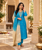 Roman Silk Kurti Pant With Dupatta Set(Blue)