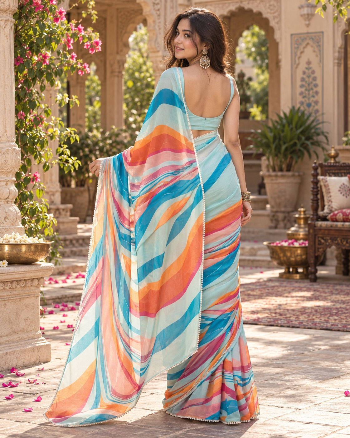 Georgette Digital Print Saree With Unstitched Blouse(Sky Blue)