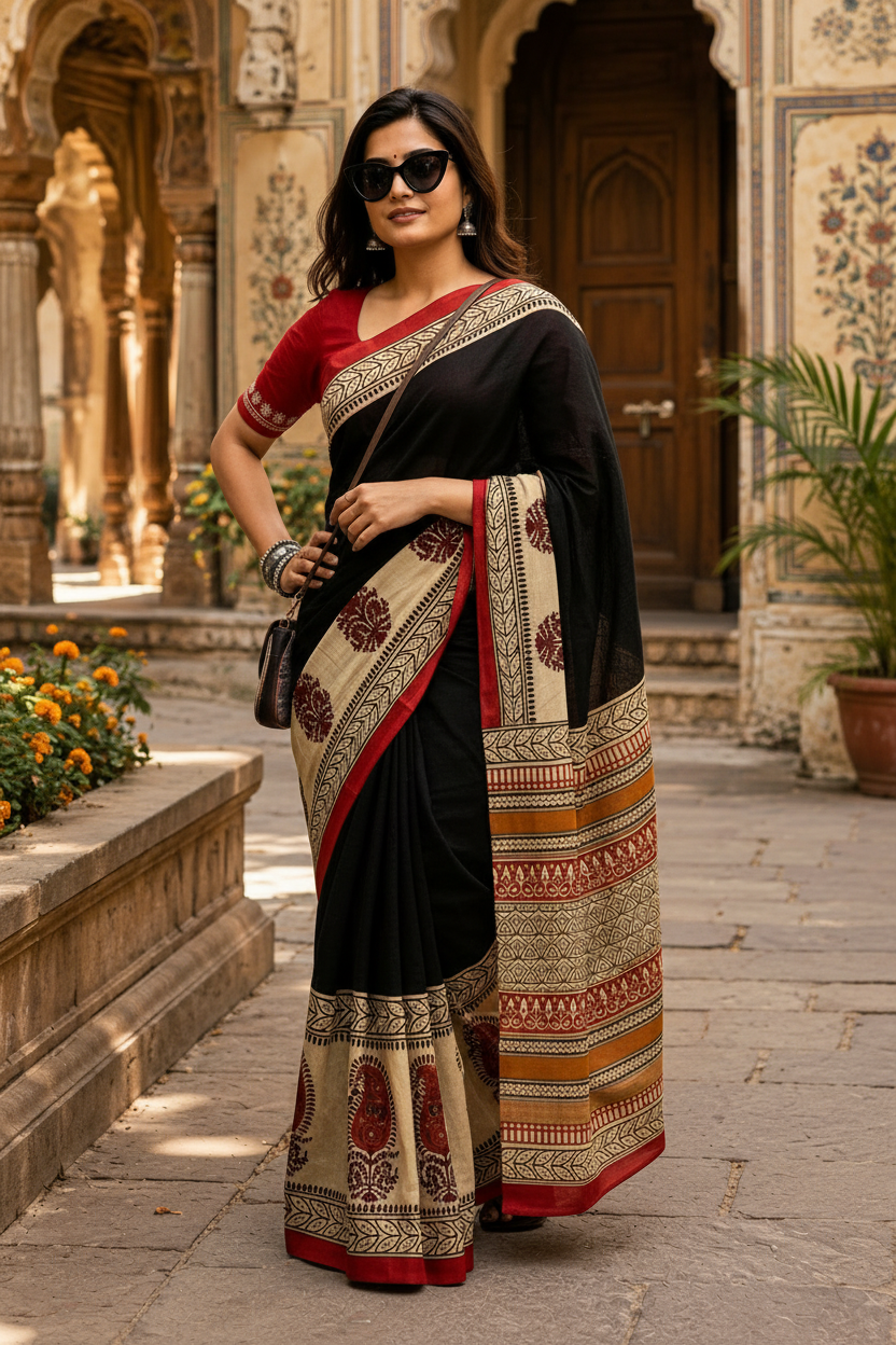 Mulmul Cotton Printed Saree With Unstitched Blouse(Black)