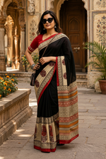 Load image into Gallery viewer, Mulmul Cotton Printed Saree With Unstitched Blouse(Black)
