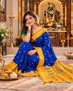 Premium Paithani Katan Silk Butti Saree With Zari Border Unstitched Blouse (Deep Blue)