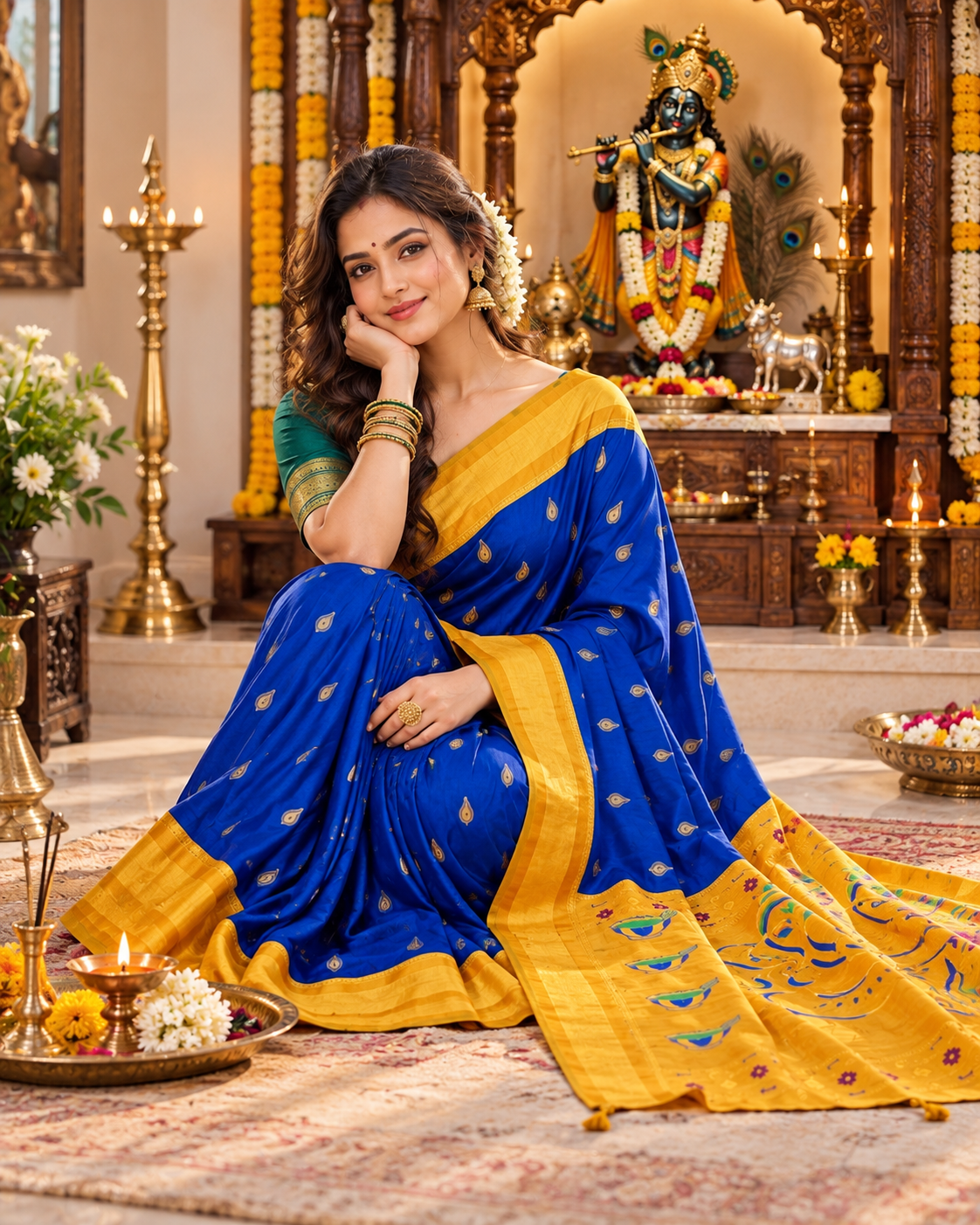 Premium Paithani Katan Silk Butti Saree With Zari Border Unstitched Blouse (Deep Blue)