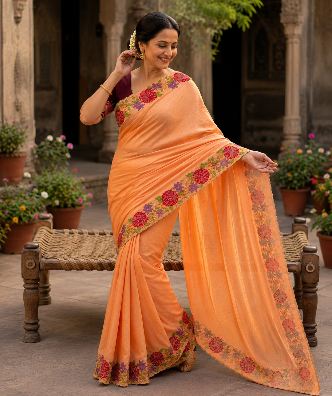 Star Georgette Heavy Work Saree With Unstitched Blouse(Orange)