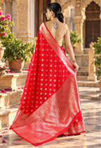Banarasi Silk Golden Zari Border Work Saree With Unstitched Blouse(Red)