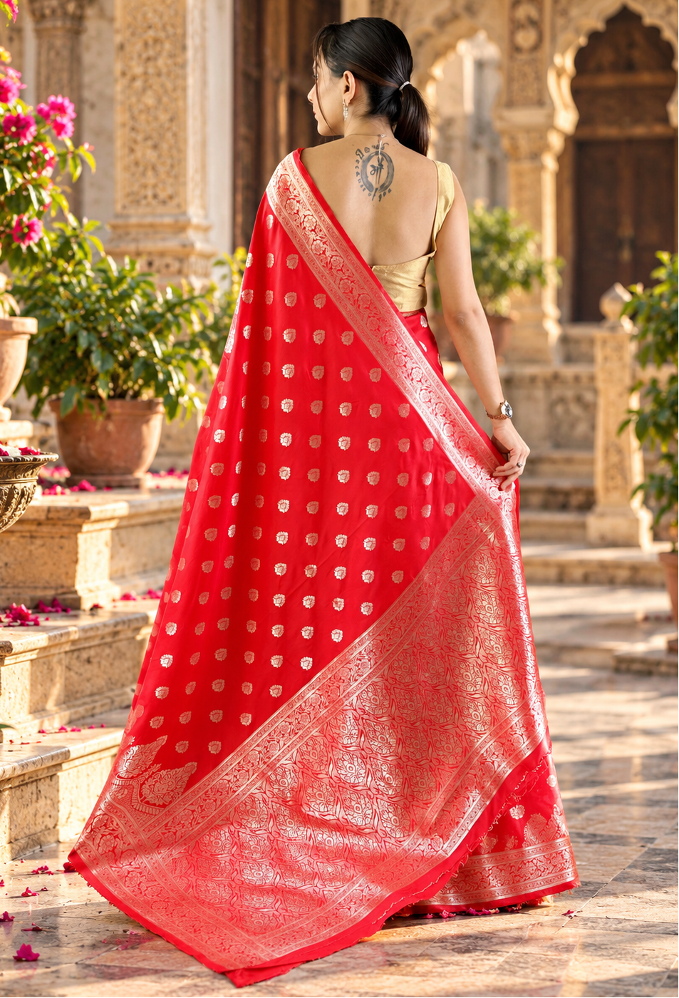 Banarasi Silk Golden Zari Border Work Saree With Unstitched Blouse(Red)