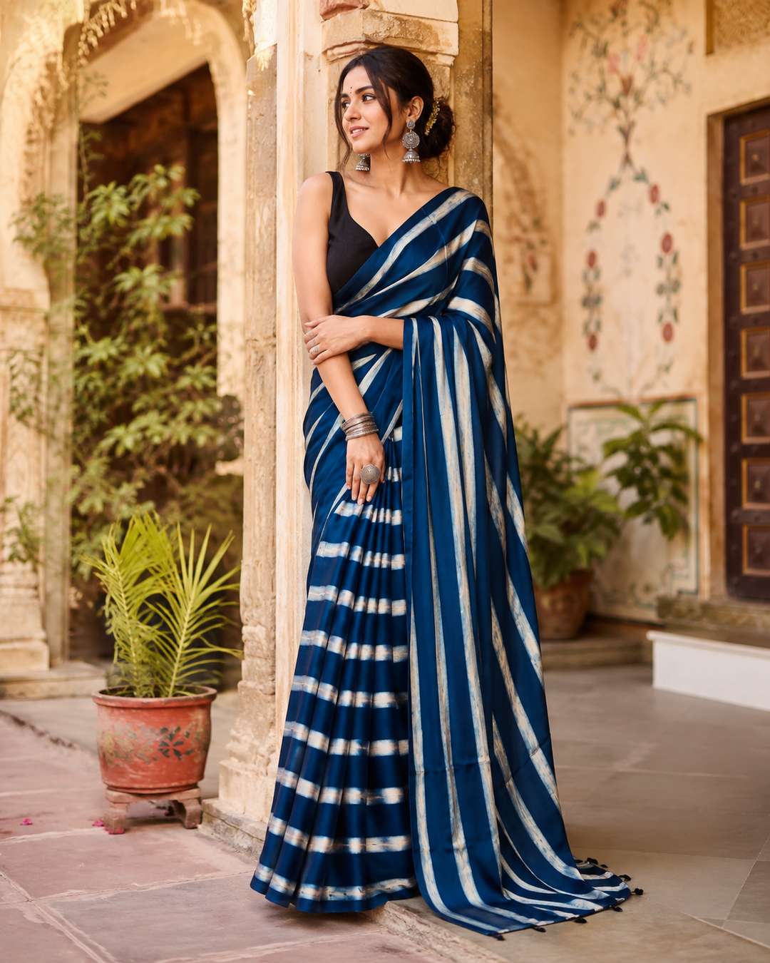 Pure Silk Ajrakh Print Saree With Unstitched Blouse(Blue)
