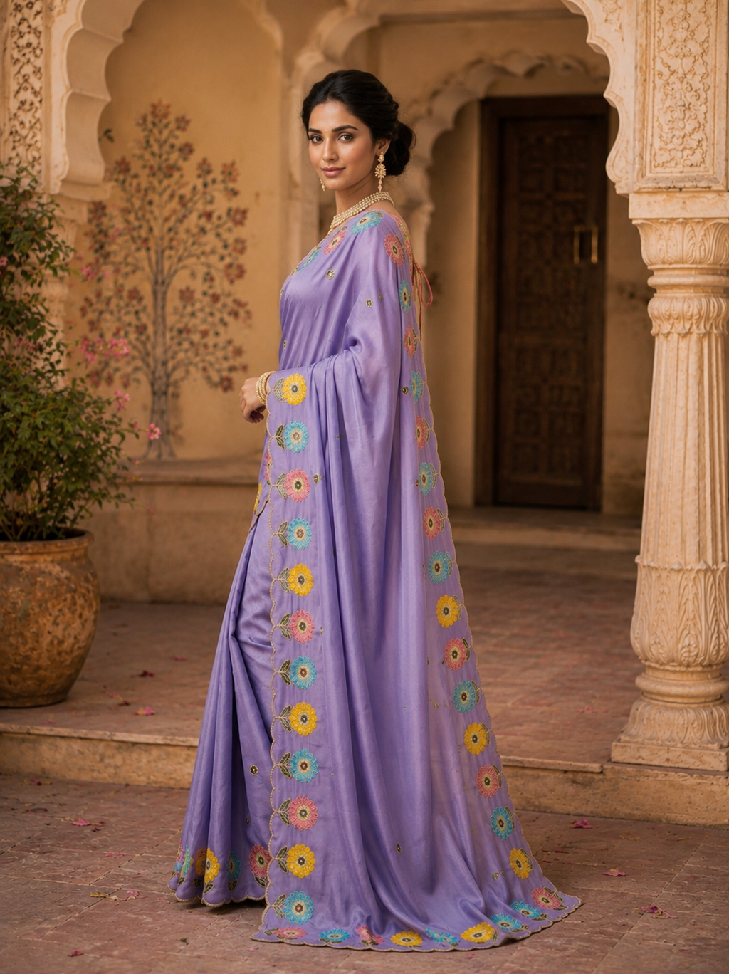 Crepe Silk Embroidery Work Zari Border Saree With Unstitched Blouse(Lavender)