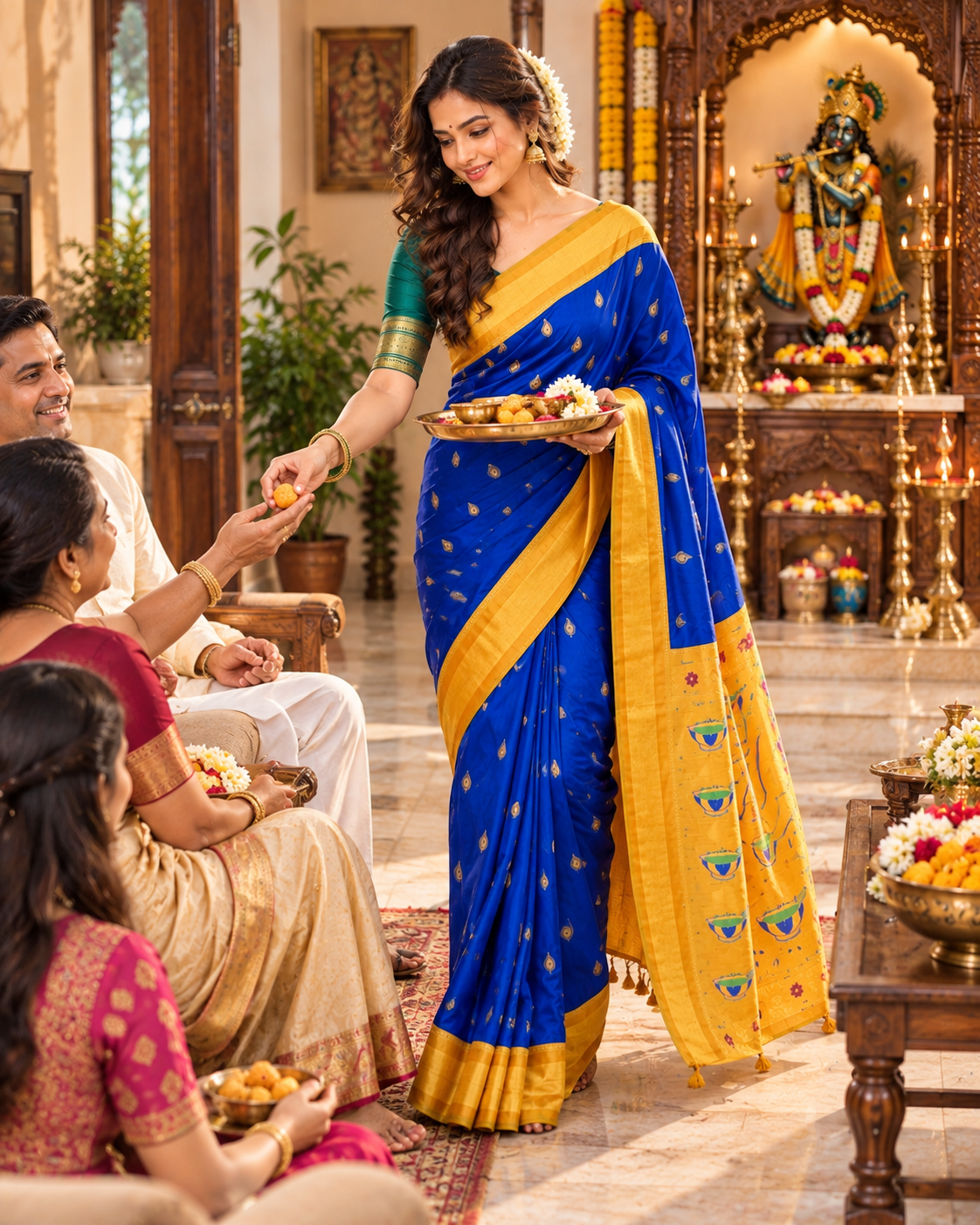 Premium Paithani Katan Silk Butti Saree With Zari Border Unstitched Blouse (Deep Blue)