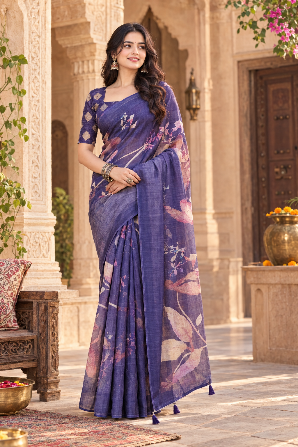 Linen Printed Saree With Unstitched Blouse(Violet)