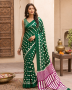 Satin Silk Ajrakh Print Saree With Unstitched Blouse(Green)