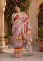Premium Zari Border Silk Saree With Unstitched Blouse(Multicolor)
